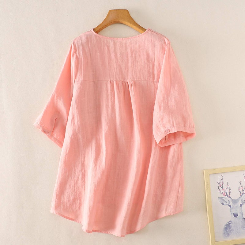 Minibee Women's Cotton Linen Embroidery Blouse V-Neck Plain Simple Tunic Long Sleeve Tops Pullover Pink L - Image 2